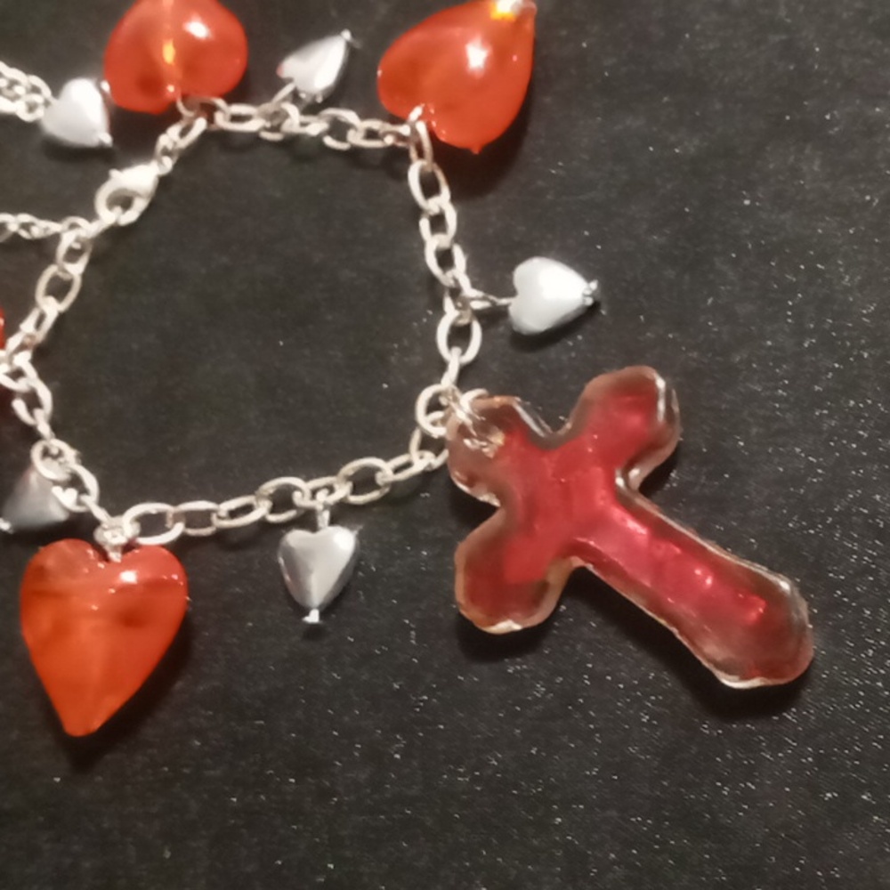 Silver and Red glass art glass cross charm bracelet,Heart Charm Bracelet 7.0-8.5